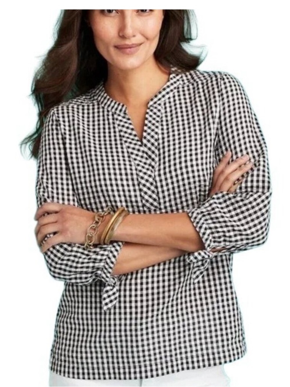 Vineyard Vines Gingham Seersucker Savannah Popover Blouse Black and White Small